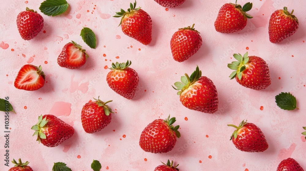 A vibrant background of scattered ripe strawberries on a light pink surface, with small green leaves adding a fresh touch. A vibrant background of scattered ripe strawberries on a light pink surface, with small green leaves adding a fresh touch.