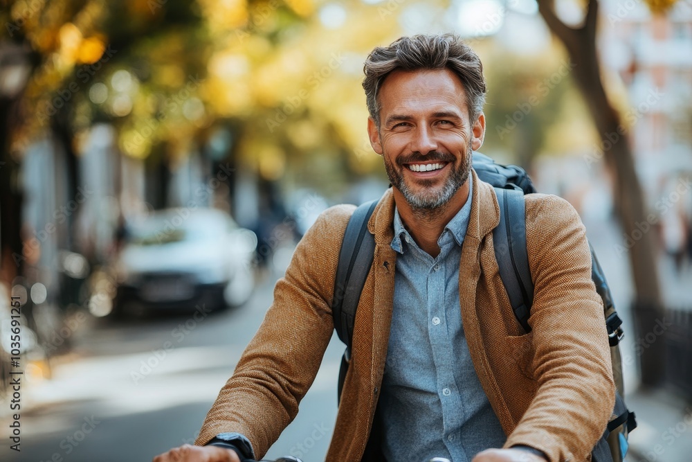Smiling businessman going to work on bike, Generative AI Smiling businessman going to work on bike, Generative AI