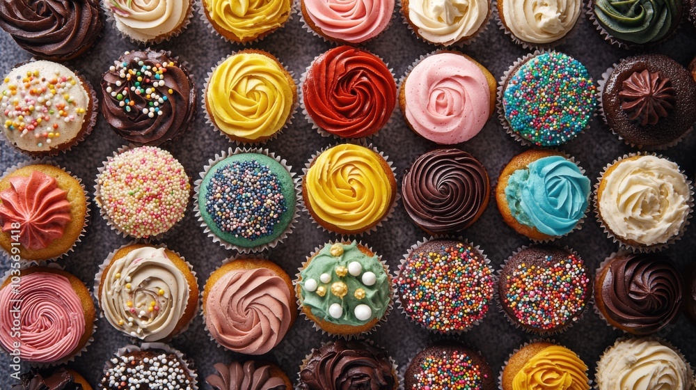 A dense surface of different flavored cupcakes with swirling frosting and decorative sprinkles, each cupcake unique, yet filling the whole frame. A dense surface of different flavored cupcakes with swirling frosting and decorative sprinkles, each cupcake unique, yet filling the whole frame.