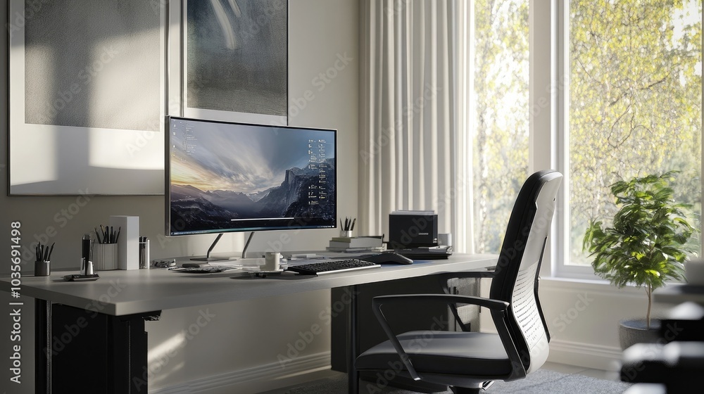A 3D-rendered home office featuring a clean desk setup, laptop, and large monitor, emphasizing a modern digital workspace A 3D-rendered home office featuring a clean desk setup, laptop, and large monitor, emphasizing a modern digital workspace