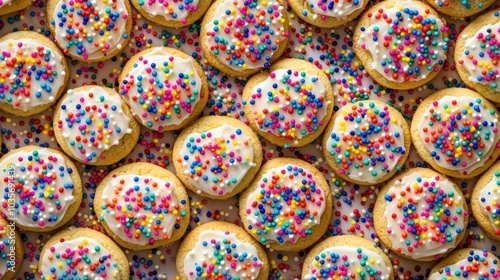 A background completely filled with frosted sugar cookies topped with bright sprinkles, packed tightly together to create a colorful, sugary surface.