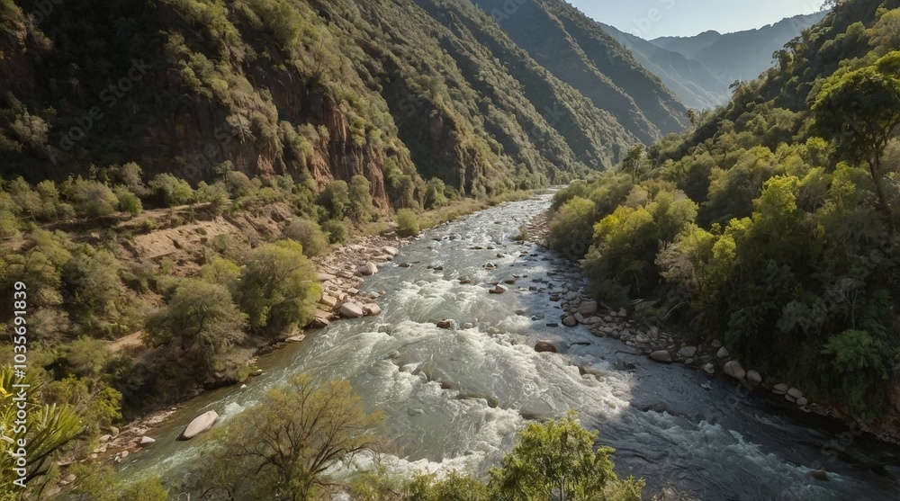 Serene Mountain River: A Breathtaking View of Nature's Beauty, Flowing Through Lush Green Valleys Under the Radiant Sunlight Serene Mountain River: A Breathtaking View of Nature's Beauty, Flowing Through Lush Green Valleys Under the Radiant Sunlight