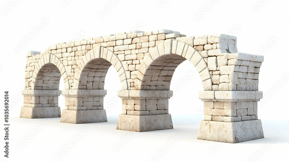 Historical aqueduct bridge, ancient engineering, 3d realistic, isolated on white background. Roman Aqueduct. Illustration Historical aqueduct bridge, ancient engineering, 3d realistic, isolated on white background. Roman Aqueduct. Illustration