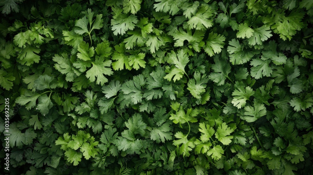A dense arrangement of cilantro leaves, their fresh green tones completely filling the frame with no gaps visible. A dense arrangement of cilantro leaves, their fresh green tones completely filling the frame with no gaps visible.