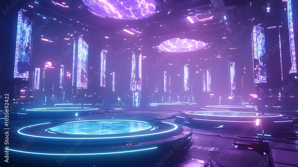 Futuristic battle arena with glowing platforms force fields and towering obstacles Futuristic battle arena with glowing platforms force fields and towering obstacles