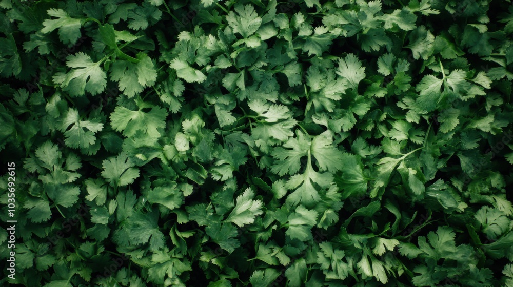 A dense arrangement of cilantro leaves, their fresh green tones completely filling the frame with no gaps visible. A dense arrangement of cilantro leaves, their fresh green tones completely filling the frame with no gaps visible.