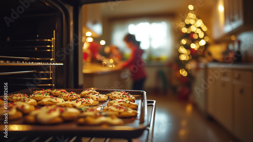 Fototapeta Naklejka Na Ścianę i Meble -  Baking Christmas cookies in a cozy kitchen brings warmth and joy during the holidays