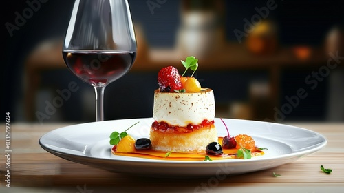 Elegant dessert with wine, tasteful presentation