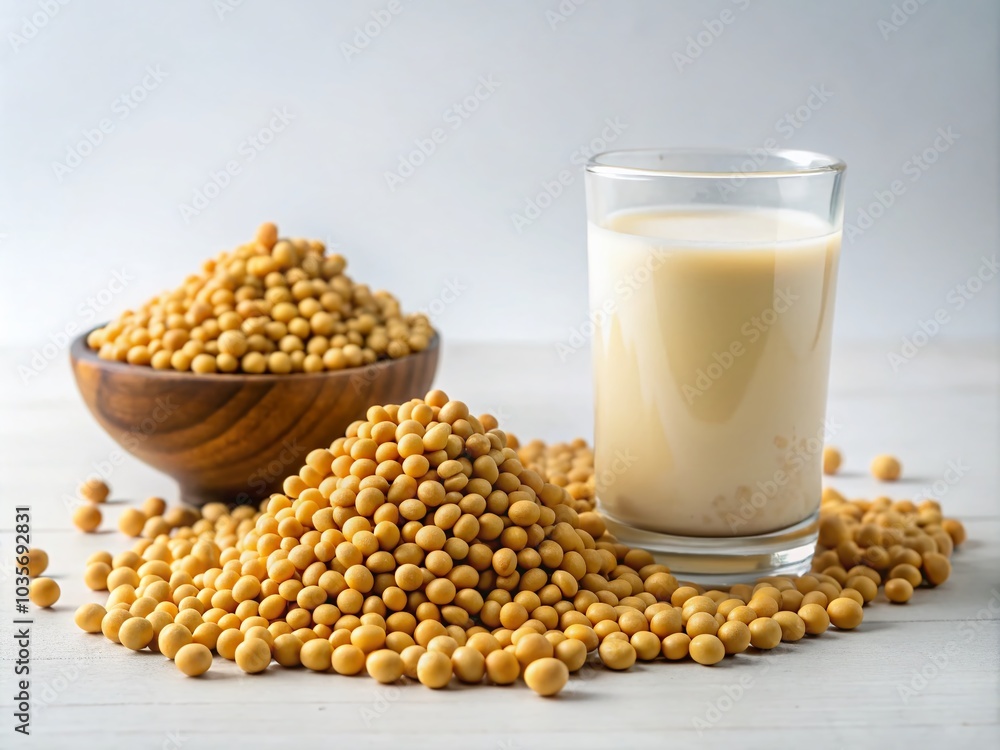Dried Yellow Soybeans and Soy Milk in Glass Cup on White Background for Healthy Lifestyle and Cooking Inspiration Dried Yellow Soybeans and Soy Milk in Glass Cup on White Background for Healthy Lifestyle and Cooking Inspiration