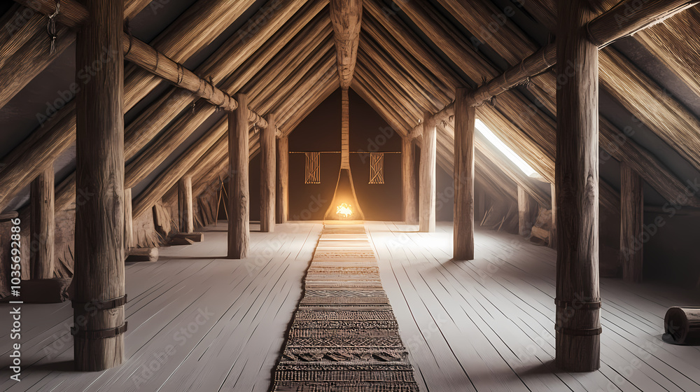 Interior of a viking-style longhouse. generative ai. Viking Longhouse. Illustration Interior of a viking-style longhouse. generative ai. Viking Longhouse. Illustration
