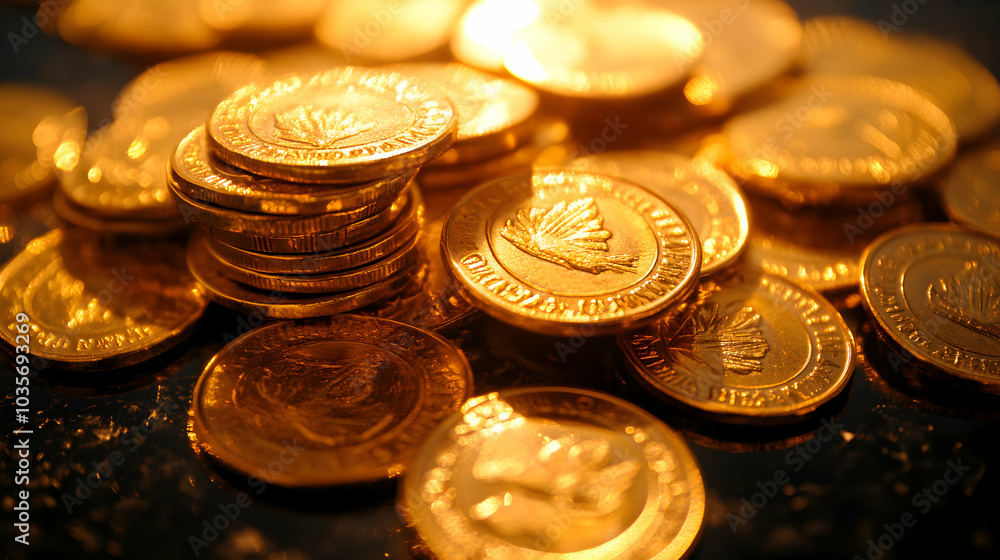 A Pile of Shining Gold Coins Neatly Stacked on a Glossy Surface A Pile of Shining Gold Coins Neatly Stacked on a Glossy Surface