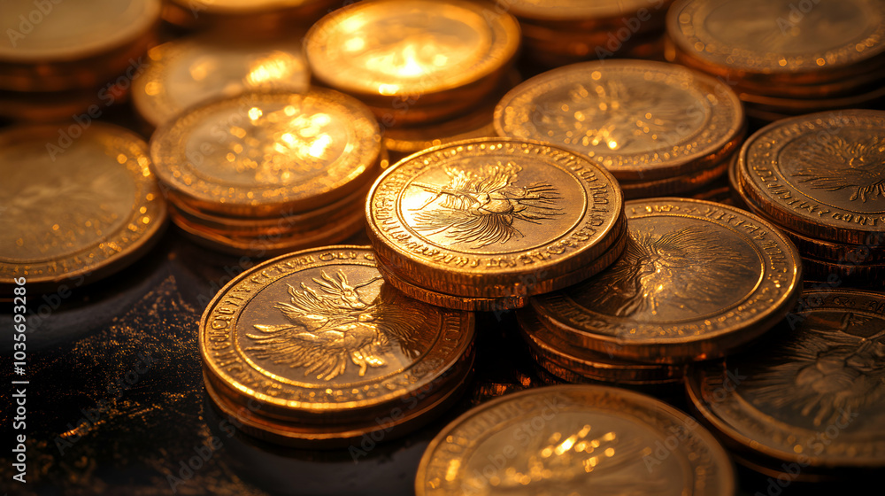 Neatly Stacked Pile of Shining Gold Coins on a Glossy Surface Neatly Stacked Pile of Shining Gold Coins on a Glossy Surface