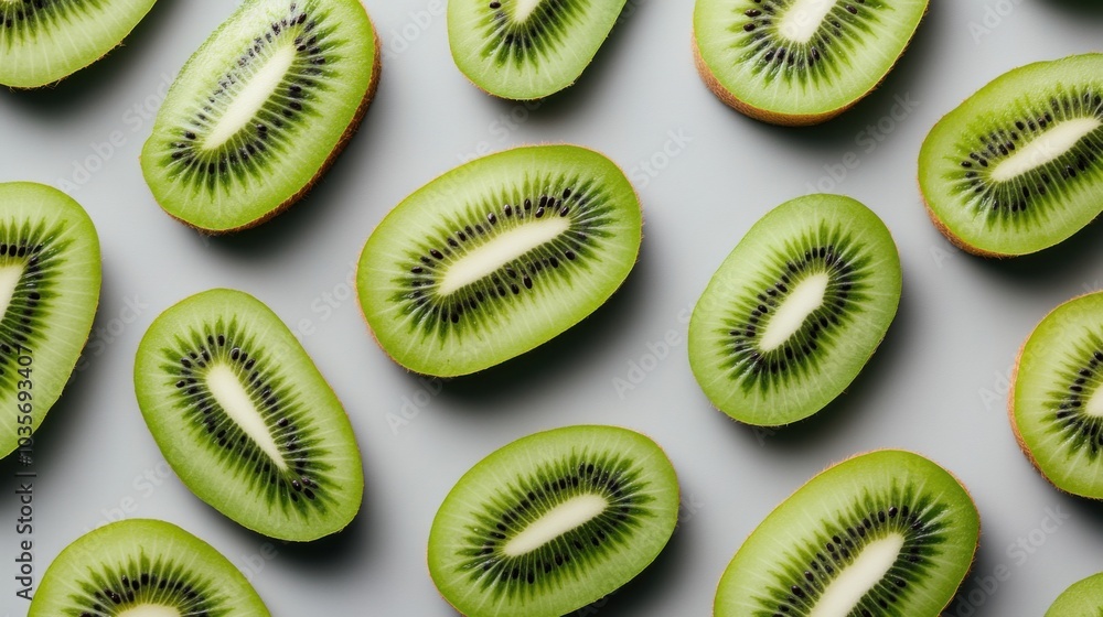 A fresh background of kiwi slices arranged in a random pattern on a cool gray background, their vibrant green contrasting beautifully. A fresh background of kiwi slices arranged in a random pattern on a cool gray background, their vibrant green contrasting beautifully.