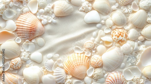 A dense array of seashells and smooth pebbles scattered across the frame, completely covering the background in soft pastel and neutral beach tones.