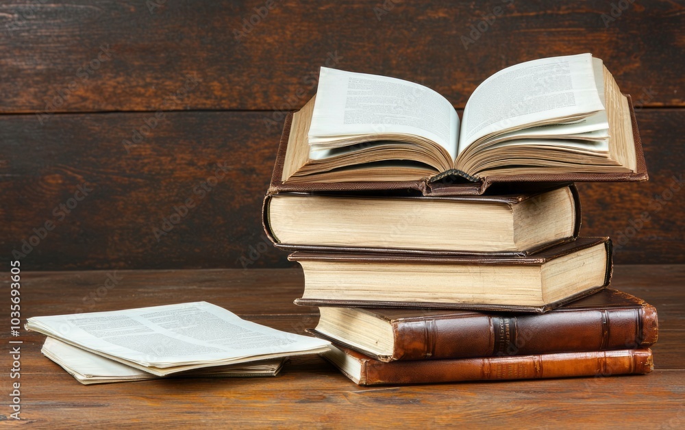 Stack of open and closed books on a wooden surface, perfect for educational or literary themes.