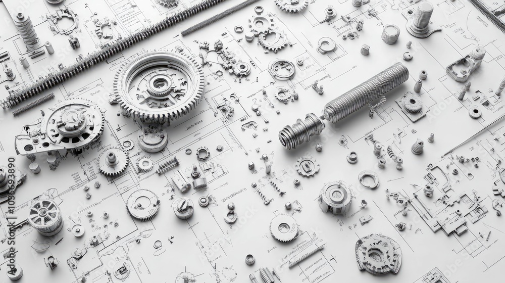 Mechanical parts, bolts, and gears spread out over a detailed engineering drawing, emphasizing meticulous planning in design Mechanical parts, bolts, and gears spread out over a detailed engineering drawing, emphasizing meticulous planning in design