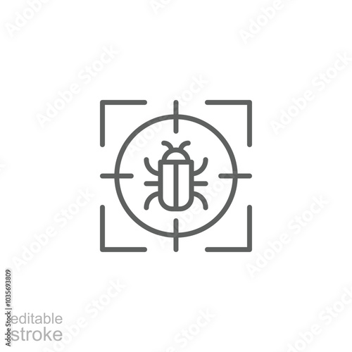 Malware bug target icon. Simple outline style. Network vulnerability, virus, malware, ransomware, fraud, spam, phishing, scam, hacker attack, IT security concept. Thin line symbol. Editable stroke.
