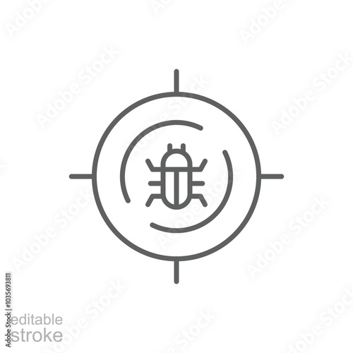 Malware bug target icon. Simple outline style. Network vulnerability, virus, malware, ransomware, fraud, spam, phishing, scam, hacker attack, IT security concept. Thin line symbol. Editable stroke.