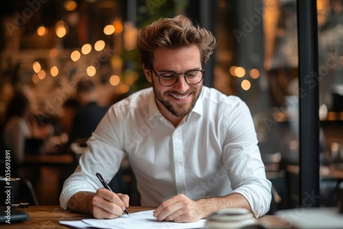 Smiling businessman writing notes during a phone call, Generative AI