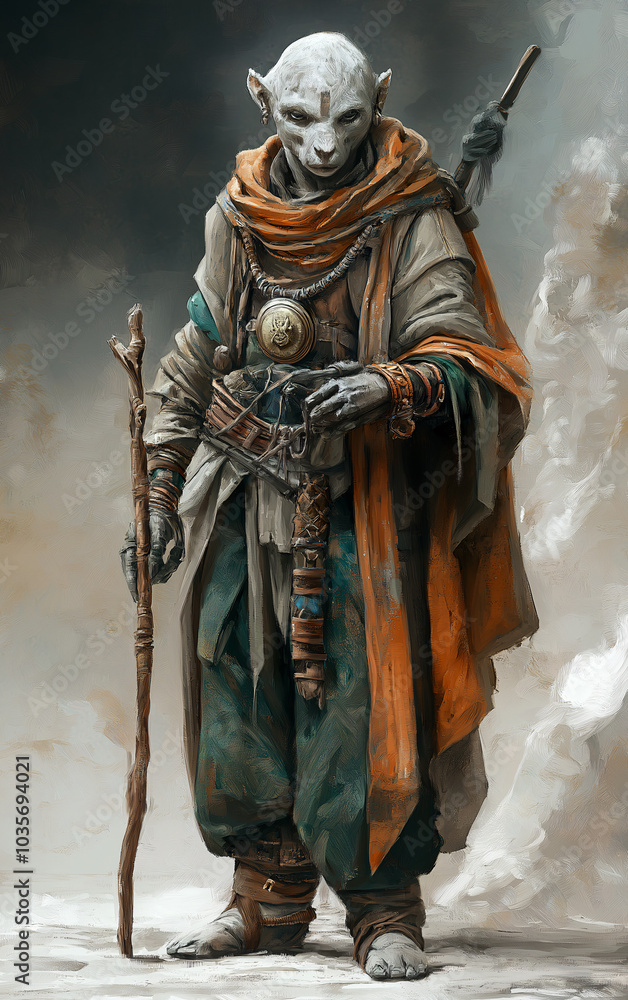 A character with a stick and a scarf is depicted in a painting A character with a stick and a scarf is depicted in a painting