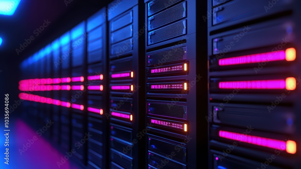 Data center with rows of server racks illuminated in colorful lights, showcasing modern technology infrastructure. Data center with rows of server racks illuminated in colorful lights, showcasing modern technology infrastructure.