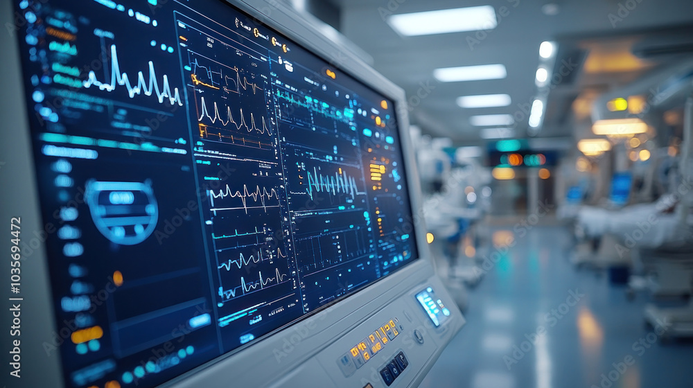 A comprehensive digital health technology interface, with patient history, diagnostics, and AI-powered health tracking in a modern hospital setting A comprehensive digital health technology interface, with patient history, diagnostics, and AI-powered health tracking in a modern hospital setting