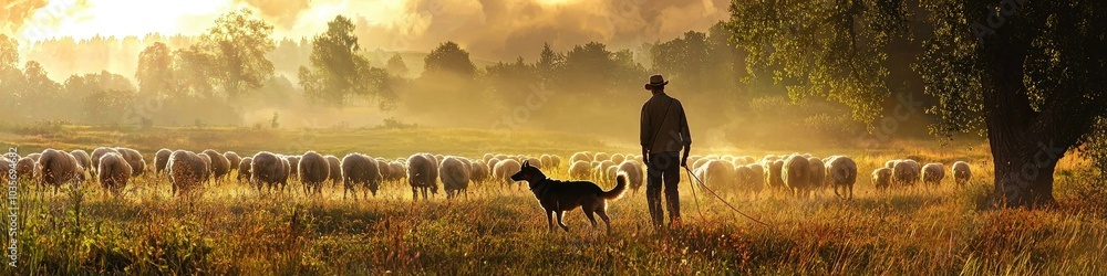 Obraz premium a man with a dog grazes sheep. Selective focus