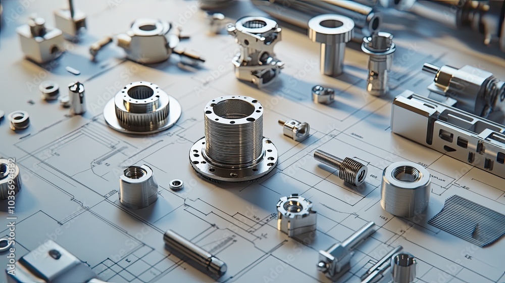 Precision mechanical components arranged over technical engineering blueprints, symbolizing careful planning in mechanical engineering Precision mechanical components arranged over technical engineering blueprints, symbolizing careful planning in mechanical engineering
