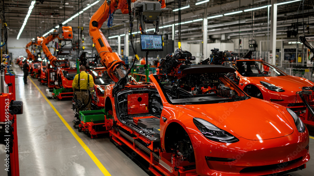 Automated assembly line showcasing robotic arms working on orange electric vehicles, highlighting role of technology in modern manufacturing Automated assembly line showcasing robotic arms working on orange electric vehicles, highlighting role of technology in modern manufacturing