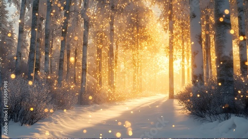 3d image 4k rendering snowy forest with magic light, special effects, glitter, christmas spirit