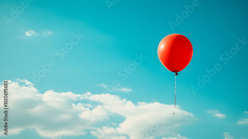 Single Red Balloon Floating Against a Clear Blue Sky on a Bright Day