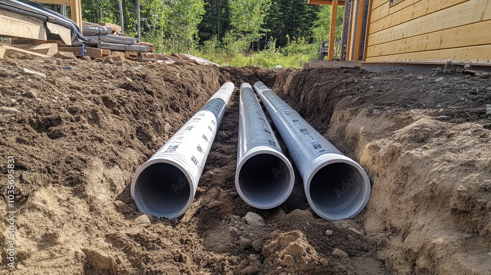 PVC pipes being installed in a trench, showcasing efficient water supply planning at a summer cottage construction site PVC pipes being installed in a trench, showcasing efficient water supply planning at a summer cottage construction site