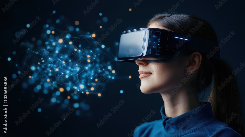 Female user experiences immersive virtual reality with a VR headset in a dark environment, surrounded by digital effects. Female user experiences immersive virtual reality with a VR headset in a dark environment, surrounded by digital effects.