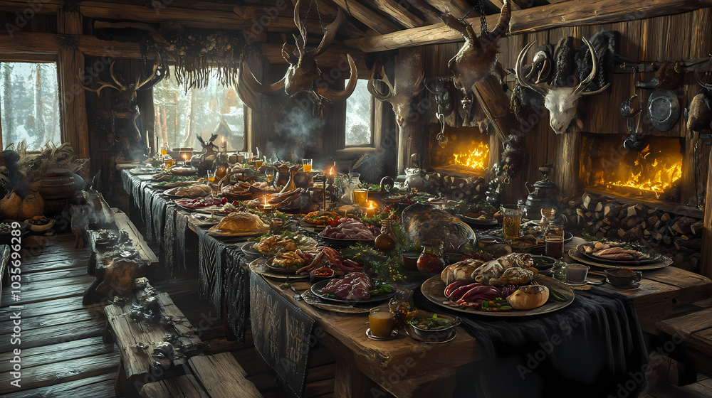 Lavish viking feast with mead-filled horns,roasted meats,and elaborate scandinavian-inspired table settings in rustic longhouse interior. Viking Longhouse. Illustration Lavish viking feast with mead-filled horns,roasted meats,and elaborate scandinavian-inspired table settings in rustic longhouse interior. Viking Longhouse. Illustration