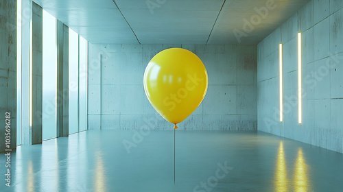 A Bright Yellow Balloon Floating Solitarily in a Modern, Empty Hallway photo