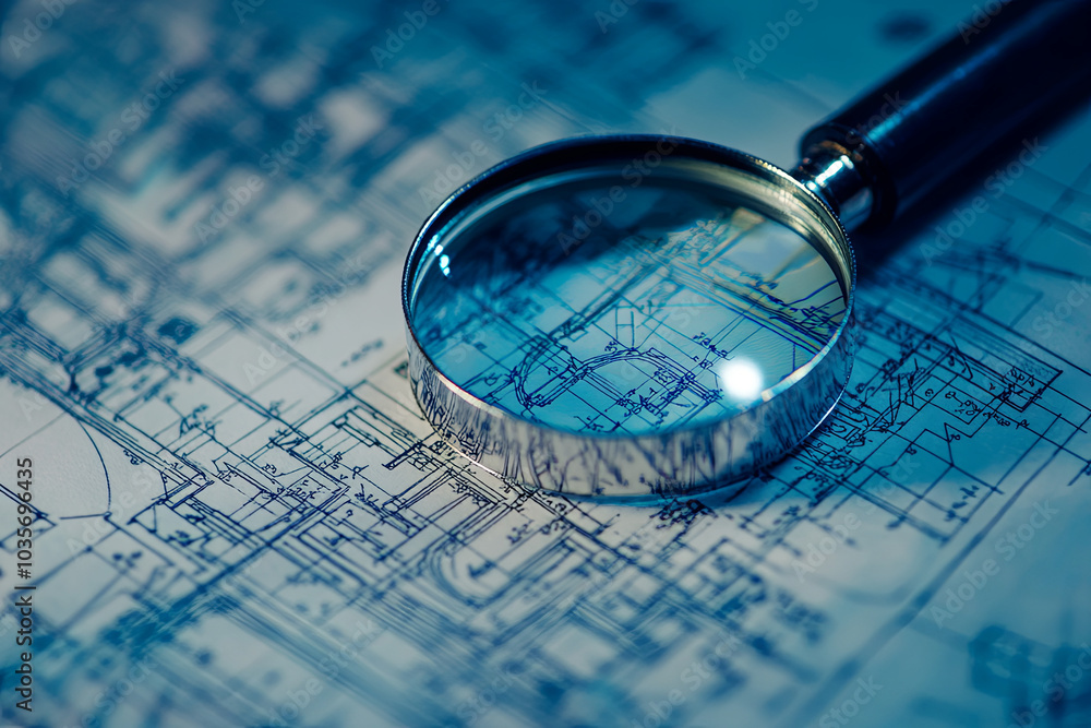 Blueprints with a magnifying glass highlighting intricate details Blueprints with a magnifying glass highlighting intricate details