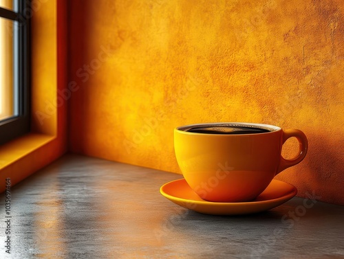 orange cup filled with delicious black coffee, elegantly positioned on a bright yellow background, creating a minimalist look that emphasizes warmth and comfort