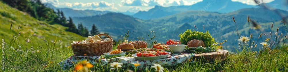 Fototapeta premium picnic on the background of mountains. selective focus