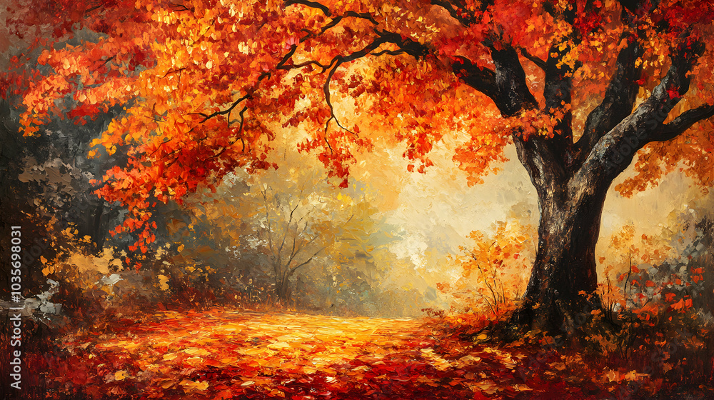 Vibrant Autumn Tree with Rich Colorful Leaves in a Scenic Landscape Vibrant Autumn Tree with Rich Colorful Leaves in a Scenic Landscape