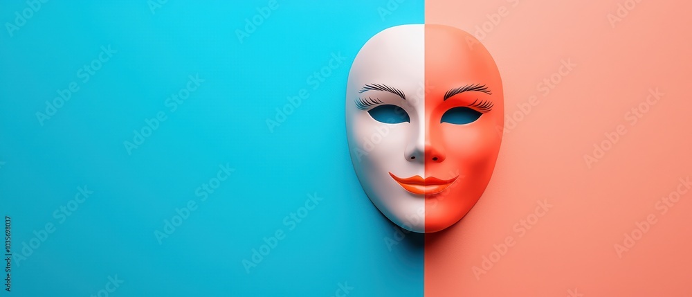 Half mask with contrasting colors on a vibrant background, symbolizing duality and identity. Half mask with contrasting colors on a vibrant background, symbolizing duality and identity.
