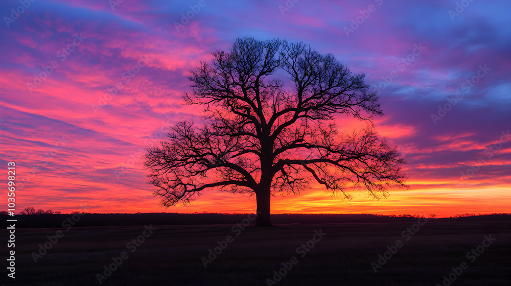 Silhouetted Tree Against a Vivid Sunset Sky with Colorful Clouds Silhouetted Tree Against a Vivid Sunset Sky with Colorful Clouds