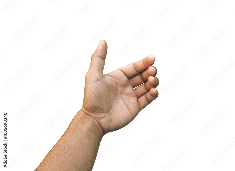 A man acts like he's holding something, like a phone or a water bottle. Or reaching out to handshake isolated on white background. A man acts like he's holding something, like a phone or a water bottle. Or reaching out to handshake isolated on white background.