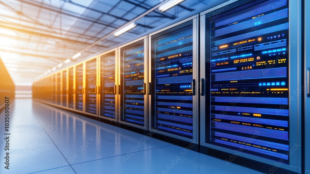 High-tech data center with rows of servers, illuminated in blue, showcasing modern digital infrastructure. High-tech data center with rows of servers, illuminated in blue, showcasing modern digital infrastructure.