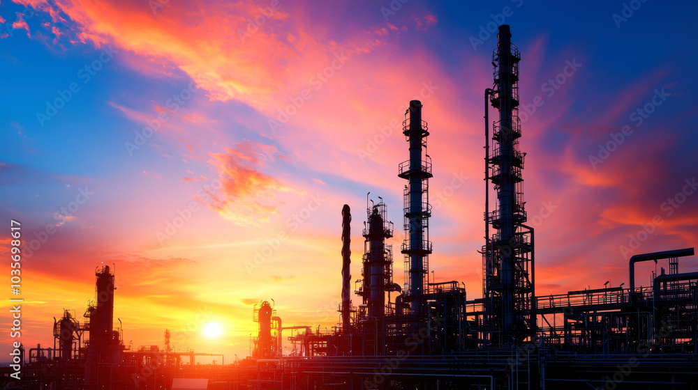 Industrial landscape at sunset showcasing silhouettes of oil refinery structures against vibrant sky. scene captures beauty of technology and nature in harmony Industrial landscape at sunset showcasing silhouettes of oil refinery structures against vibrant sky. scene captures beauty of technology and nature in harmony