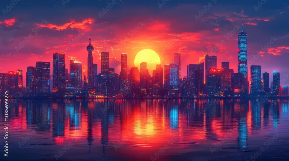 Fototapeta premium futuristic neon city skyline brimming with towering buildings and advanced technology set against a vibrant nightlife backdrop showcasing an imaginative vision of urban modernity and excitement