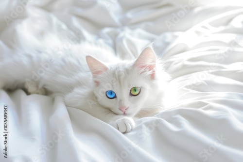 Wallpaper Mural A white cat with different colored eyes lies on a bed. Concept of tranquility and beauty in pets. For pet-related advertisements or articles Torontodigital.ca