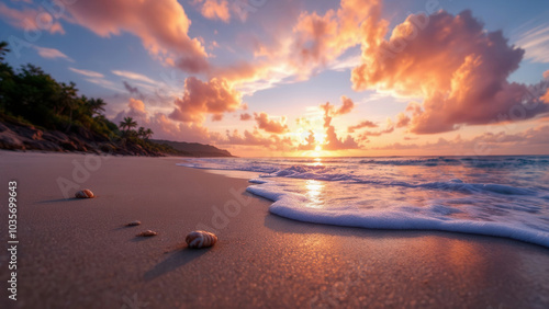 A low angle image capturing a serene beach scene during at sunset.