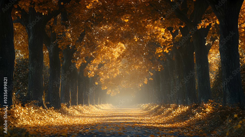 Fototapeta premium Serene Tree-Lined Avenue in Autumn with Vibrant Golden Leaves Under Soft Light