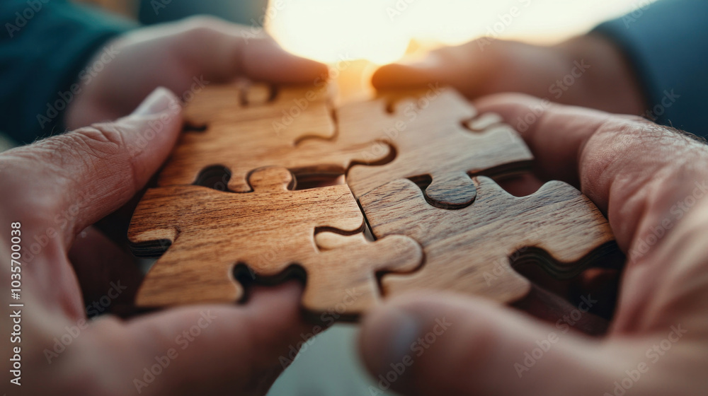 Close-up hands are raised against a bright, white sky, each holding a piece of a wooden jigsaw puzzle. teamwork, problem-solving, Charity, volunteer. Teamwork and partnership concept Close-up hands are raised against a bright, white sky, each holding a piece of a wooden jigsaw puzzle. teamwork, problem-solving, Charity, volunteer. Teamwork and partnership concept