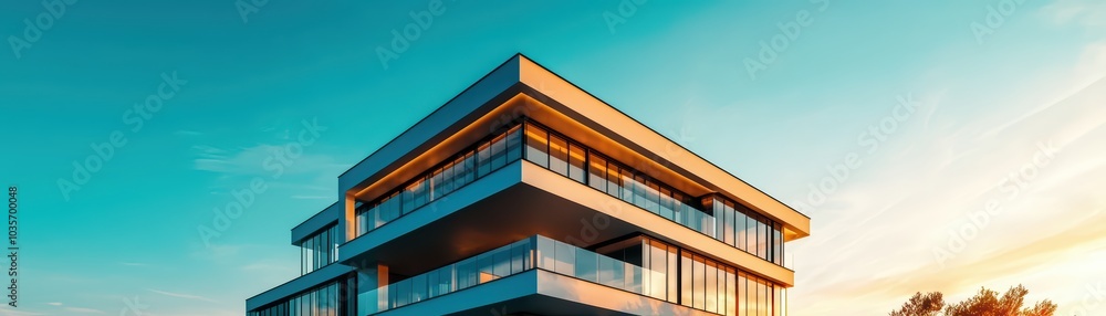 Modern architectural building with large windows against a vibrant sunset sky. Modern architectural building with large windows against a vibrant sunset sky.